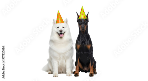 Photography Two dogs with party hats PNG isolated on transparent background, cute Samoyed an