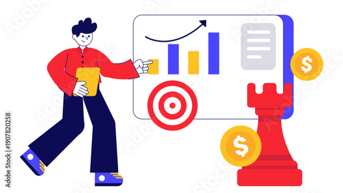 Man pointing at a growth chart with a chess piece and money icons representing business strategy