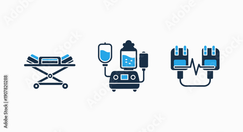 Medical icons for healthcare: stretcher, infusion pump with IV bag, and blood bags, symbolizing patient care, treatment, and medical equipment.