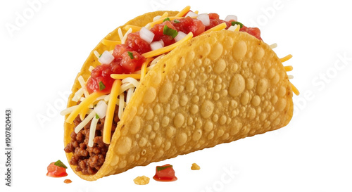 Photos Delicious crispy taco with beef, cheese, and salsa isolated PNG, traditional Mex