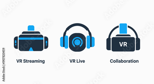 Virtual reality icons for modern communication: VR headset for streaming and live events, and a VR collaboration interface for remote interaction.