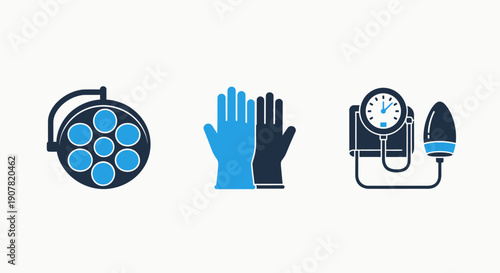 Medical equipment icons: surgical lamp, sterile gloves, and blood pressure monitor, representing surgical procedures, hygiene, and patient vital signs.