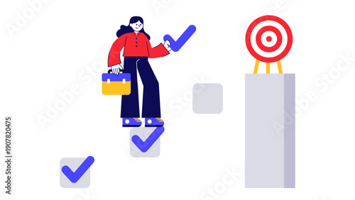 Businesswoman climbing steps of checklists to reach the final target