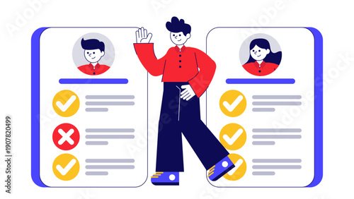 A male professional evaluating and comparing two candidate profiles with checkmarks and an X mark to select the best talent