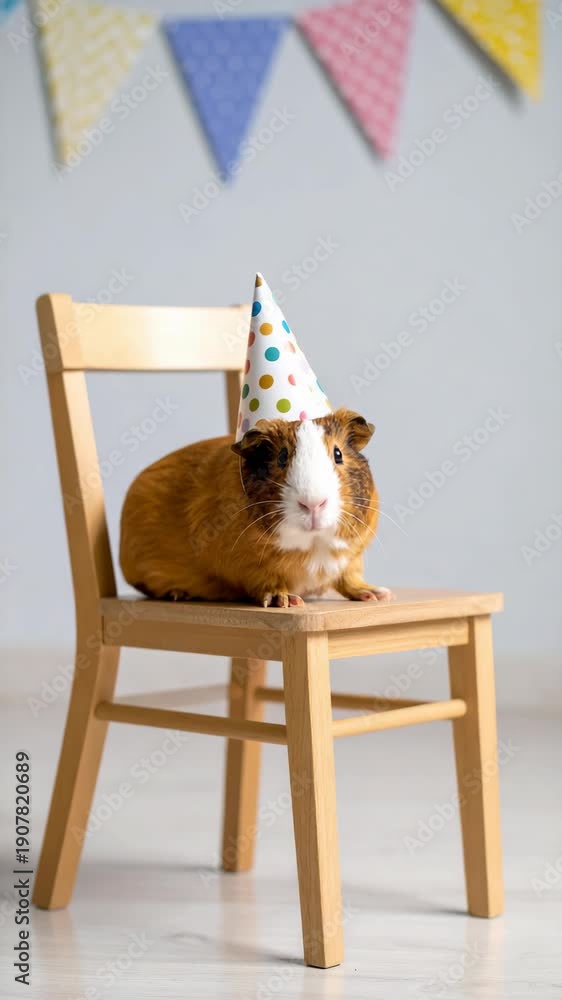custom made wallpaper toronto digitalGuinea Pig Wearing Polka Dot Party Hat Sits on a Wooden Chair