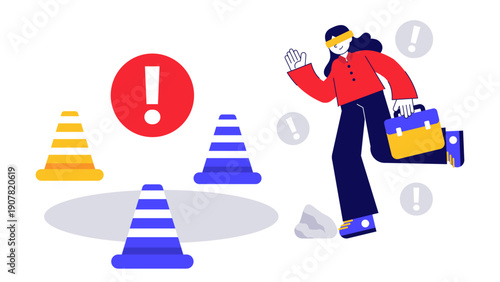A blindfolded businesswoman running towards a hole and traffic cones symbolizing common pitfalls and business risks