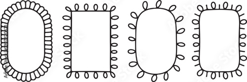 Doodle rectangle and oval looped frames. Hand drawn scalloped edge rectangle and ellipse shapes. Simple label form. Flower silhouette lace frame. Vector illustration isolated on white background