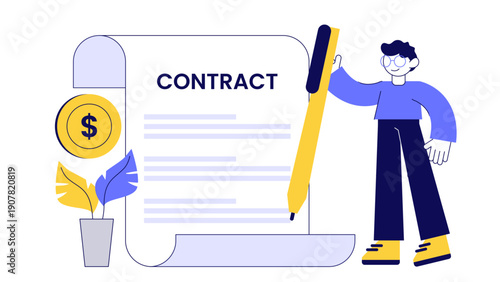 A legal representative or businessman signing a large formal contract document with a golden coin icon