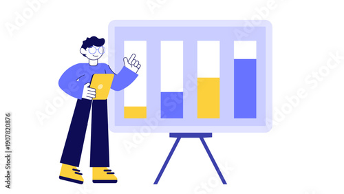 An analyst presenting a vertical bar chart showing steady business growth and progress