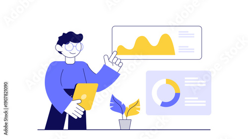 A male analyst pointing at a data screen to forecast and predict future business trends