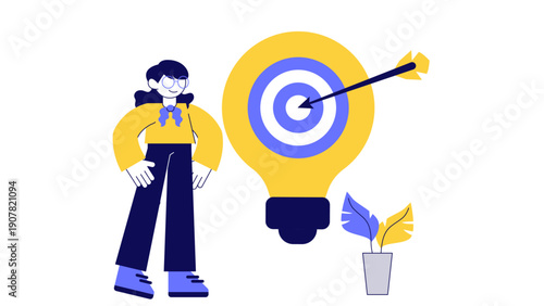 A professional woman standing confidently next to a large lightbulb target symbolizing mastery and skill
