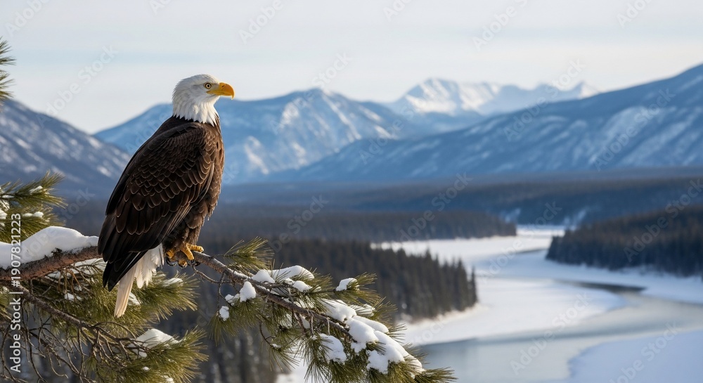 Fototapeta premium Majestic Bald Eagle Perched on Snowy Branch Overlooking Winter River Valley.