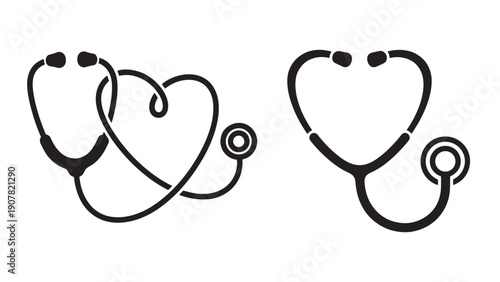 Stethoscope Heart Icons Set, Medical Listening Device Symbols for Cardiology, Diagnostics and Healthcare Branding