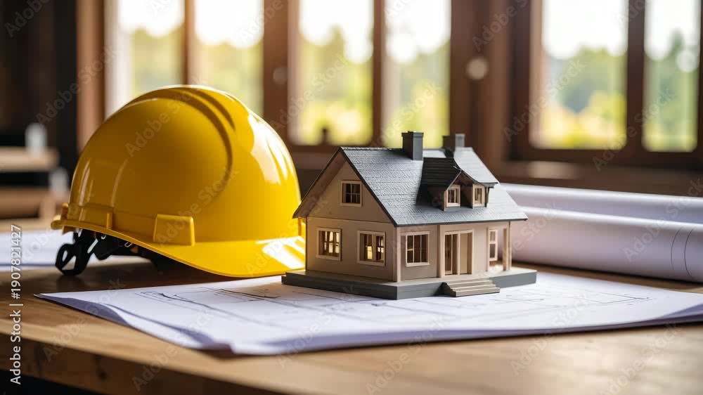 custom made wallpaper toronto digitalConstruction blueprint with house model and hard hat on wooden desk