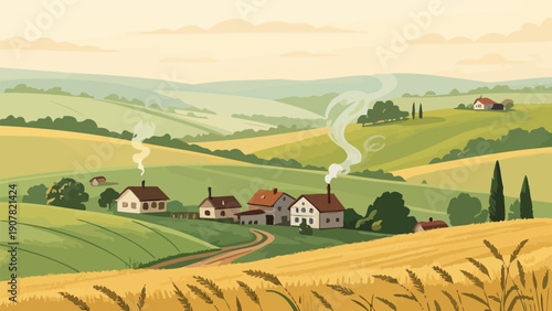 Serene countryside landscape with rolling hills and village