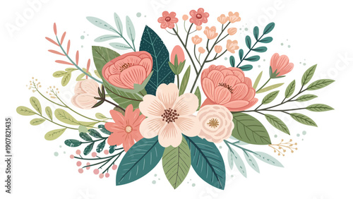 Elegant floral bouquet with pastel flowers and green leaves