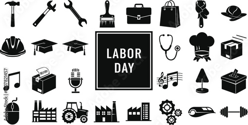 Labor Day icon set, professional tools and career symbols for construction, medical, education, and music for cad drawing flat vector illustration. (20 words)