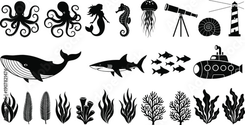 Marine life and nautical silhouette collection, ocean animals, lighthouse, submarine, and underwater plants for coastal design, cad drawing flat vector illustration