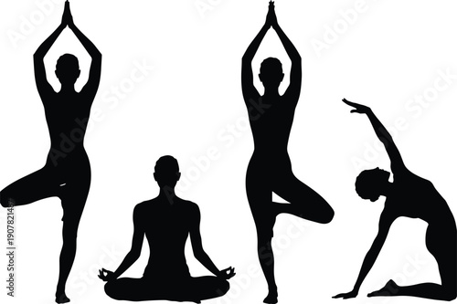 Yoga poses silhouette collection, meditation balance flexibility wellness concept, female fitness practice, healthy lifestyle mindfulness, black flat vector illustration