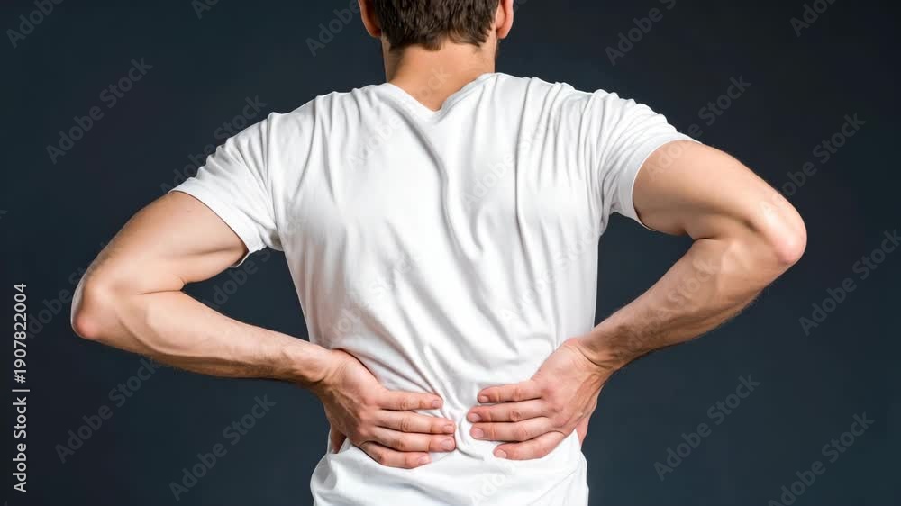 custom made wallpaper toronto digitalMan holding his lower back in pain, wearing a white t-shirt against a dark background