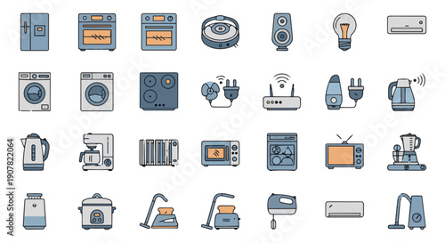 Retro home appliance icon set – vintage kitchen electronics and household devices vector collection