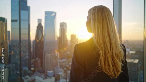 Wallpaper Mural Blonde businesswoman overlooking city skyline at sunset from office window Torontodigital.ca