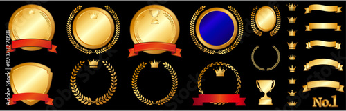 表彰やランキングに使えるゴールドの装飾　ベクターセット メダル・月桂冠・王冠素材