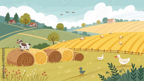 Serene countryside landscape with rolling hills and farm animals grazing peacefully