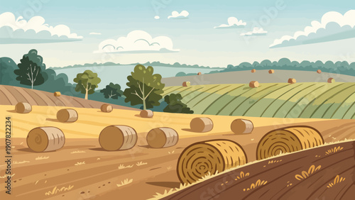 Serene countryside landscape with rolling hay bales and trees under blue sky