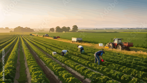 Farmers working diligently in lush green field at sunrise