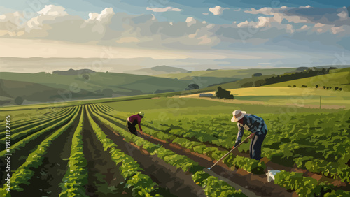 Farmers working diligently in lush green vineyard on sunny day