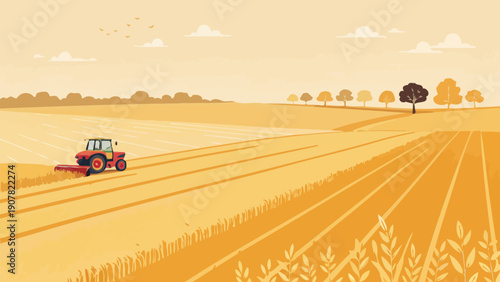 Tractor harvesting crops in golden wheat field