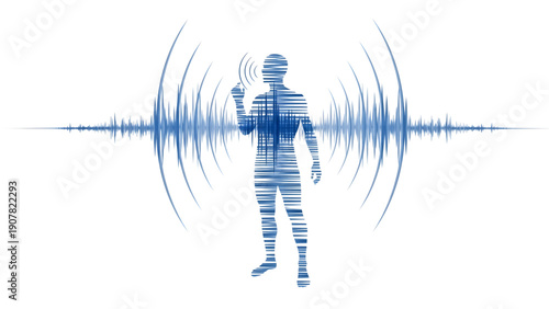 Conceptual silhouette of a human figure integrated with blue digital sound waves