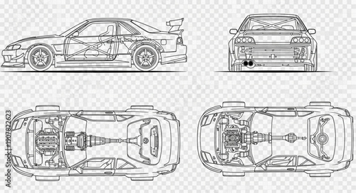 Car Technical Drawing Multiple Views.