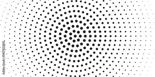 Halftone radial dotted background. Square dots comic gradient texture. Concentric fading gradation wallpaper. Black white rough grit overlay. Grunge gritty circular pop art cartoon backdrop. Vector