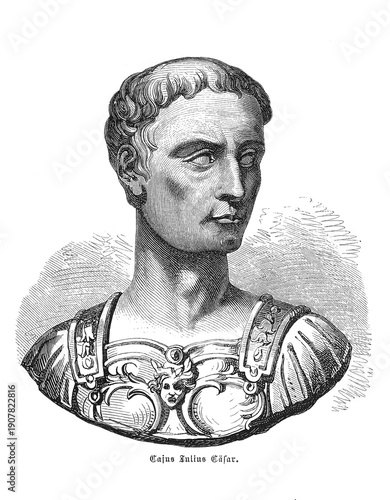 Fotografía Bust of Gaius Julius Caesar with detailed armored cuirass and contemplative expr