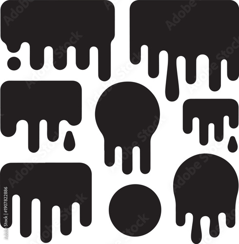 Dripping ink. Melting paint, liquid drops black oil. Isolated splashes, graffiti elements. Spray stream or flow trickle vector set. Dripping melting, spatter graffiti illustration