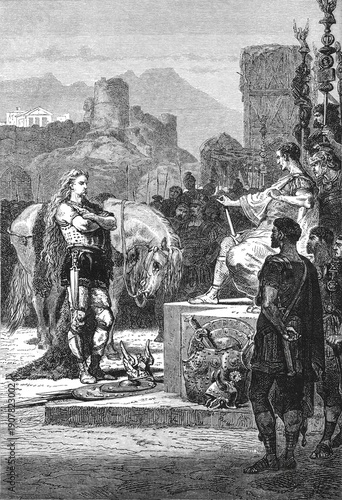 Bild auf Leinwand Vercingetorix standing before a seated Julius Caesar, surrendering his arms amid