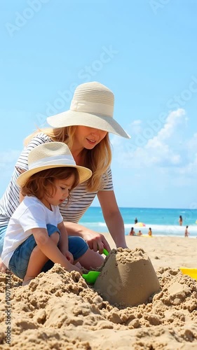 Mother and child building a sandcastle on a sunny beach vacation