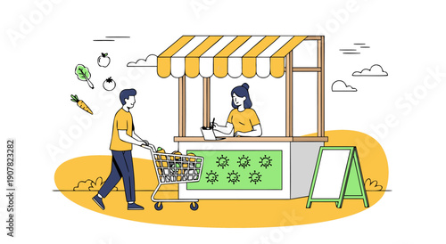 Farmers Market Vector Illustration A Vibrant Scene of a Local Produce Stand with Customers and Fresh Vegetables
