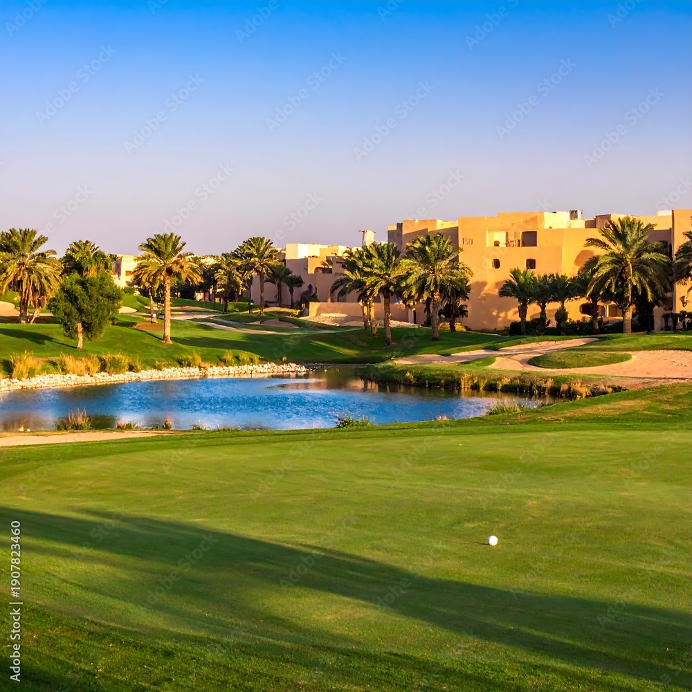 Fototapeta premium Golf course with buildings, lake, palm trees under a blue sky