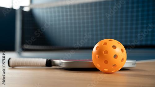 A vibrant orange pickleball rests on a wooden court near a paddle.