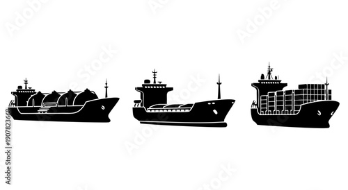 Vector illustration of cargo ships, container ship, and bulk carrier for maritime logistics and global trade
