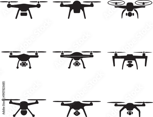 Drone Quadcopter with Camera set collection pack black icon silhouette vector flat illustration design on white background