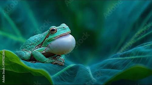 Green Tree Frog on Leaf with Defocused Green Background