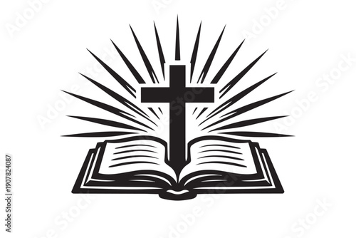 Religious Symbol Combining Open Book and Cross with Radiating Sunbeams Design