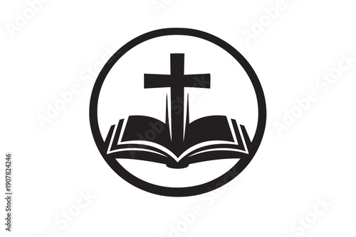 Religious Symbol Combining Cross and Open Book Inside Circular Border Design