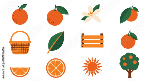 A collection of twelve orangethemed icons arranged in a fourbythree grid
