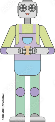 Friendly robot character, cartoon design, humanoid machine, colorful outfit, whimsical technology, approachable android, futuristic mascot, playful concept, flat vector illustration