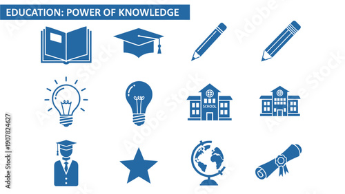 Blue icons related to education including books graduation caps pencils lightbulbs schools stars globes graduates and diplomas